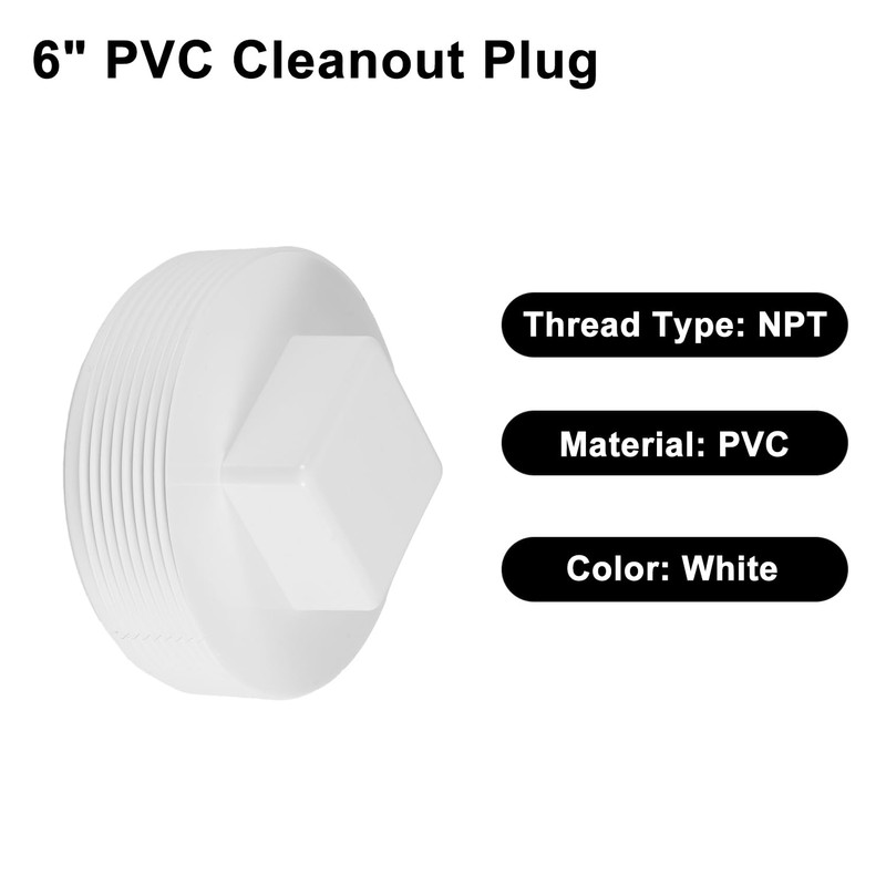 PVC Cleanout Plug, 6" Inch NPT Male Threaded Flush Sewer