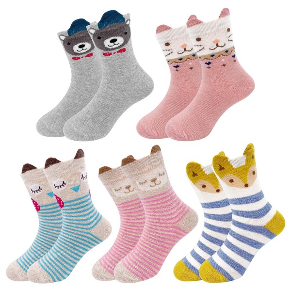 LOFIR Girls Novelty Socks Animal Design Socks – Cat Dog Socks Children Funny and Cute Cotton Socks, Size 20-34, 5 Pairs, Color 6