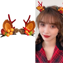 1 Pair Christmas Reindeer Antlers Hair Clips Cute Red Antlers Ears Hair Pins with Pine Cones Berry Xmas Party Hair Accessories for Women Girls