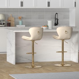 KINFFICT Bar Stools Set of 2, Velvet Counter Height Adjustable Barstools, Swivel Dining Bar Chairs Upholstered Modern Bar Stool for Kitchen Island, Cafe, Bar, Counter, Dining Room, Ivory