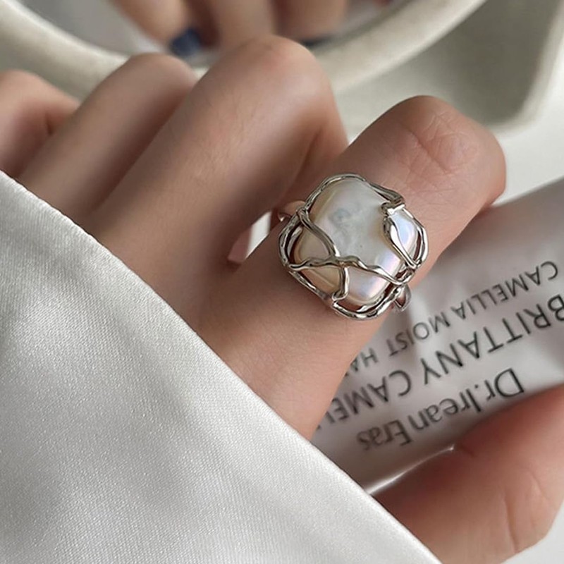 Irregular Pearls Women's Silver Ring, Open Adjustable Pearl Ring, Shiny