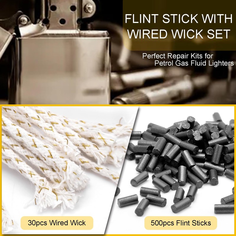 CooBigo Black Lighter Flints 500pcs & Lighter Wicks 20pcs,Ferrocerium Flint