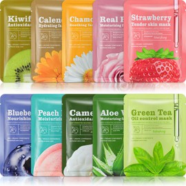 Viozakanry 10 Pcs Sheet Face Masks Skincare for Most Skin Types, Combo Essence Hydraiting Facial Mask Set for Women Skin Care, Gifts Set for Home Spa