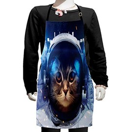 Ambesonne Space Cat Apron, Felline Astronaut Theme Funny Illustration with Science Themes Exploring Universe, Small Apron Bib with Adjustable Ties for Baking Painting, Small Size, Multicolor