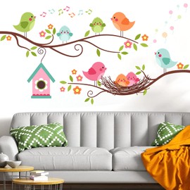 Colorful Robin Bird Wall Sticker, Cartoon Singing Bird On Tree Branch Wall Decal, Birdhouse with Flowers Wall Art Décor, Removable DIY Green Leaves Wallpaper Murals for Kids Room Baby Nursery