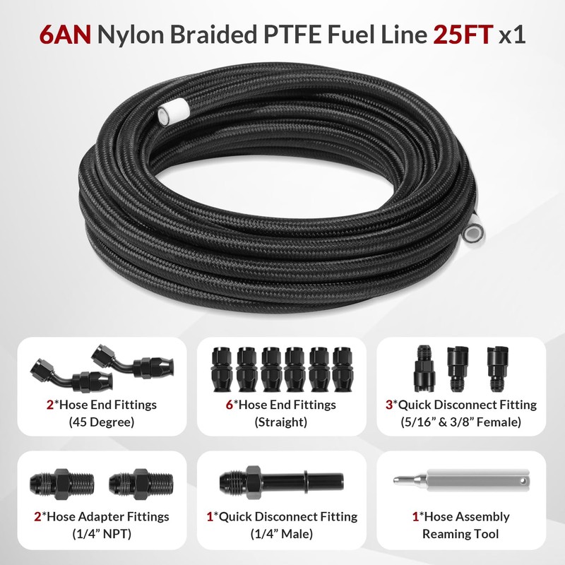 6AN 3/8” PTFE Fuel Line Kit w/Nylon Stainless Braided Fuel