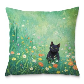 Fuasei Floral Black Cat Pillow Covers 18x18, Cats Lovers Lady Gifts, Cat Gifts for Mom Mother's Day, Cats in Green Field Meadow Decorative Pillow Covers for Home Bedroom Living Room Office Decor