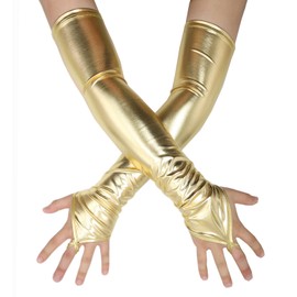 Chendvol Men's and Women's Shiny Metallic Fashion Fingerless Gloves Long Elastic Costume Gloves (Gold)