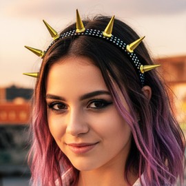 Maeaccx Gold Spiked Headband for Women, Punk Gothic Headwear, Spiky Rivet Rock Costume Accessories