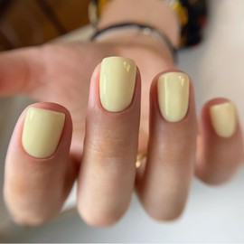 LPOODDNU 24Pcs Short Square Glossy Acrylic Press-on False Nails - Light Yellow, Pure Color, DIY Home Manicure, Wedding, Prom, Daily Wear