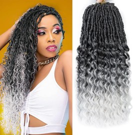 FANWYFYU New Faux Locs Crochet Hair With Deep Curly Ends 24 Inch 6Packs Black Goddess Soft Locs Synthetic Braids Prelooped Dreadlock Hair Extensions ((1B/Gray/White)