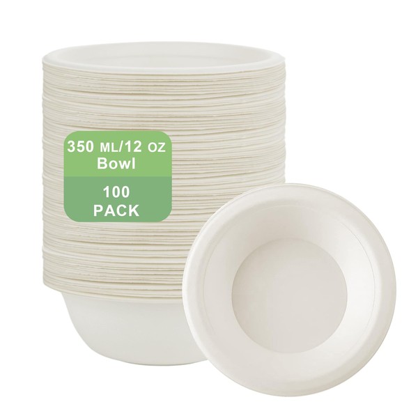 CYEER 100Pcs 350ml Disposable Paper Bowls, 12oz Compostable Paper Bowls, Eco-Friendly Strong White Sugarcane Bagasse Paper Party Bowls for for Party, Wedding, BBQ