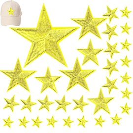 HHWRT Gold Star Patches, 32 Pcs Embroidered Applique Stars, Hat, Clothes, Coats, Decorative Patches, Vintage Patch Fabric Patch, 5 Star Embroidered Patches Sew for DIY Craft Clothing Repair