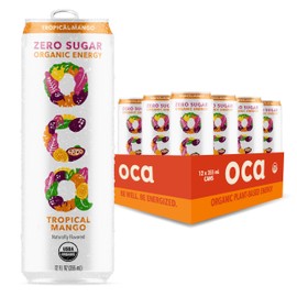 OCA ZERO Tropical Mango, Organic energy drink, zero sugar, gluten-free, vegan plant-based, 12 Fl Oz (12-pack)