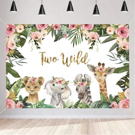 Safari Two Wild Backdrop Safari Animal Second Birthday Party Backdrop Jungle Girl 2nd Birthday Party Decoration Photography Backdrop Birthday Poster, 150 cm x 90 cm