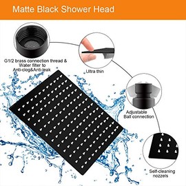 Cabezal de ducha de lluvia con brazo de extensión, cabezal de ducha cuadrado de 12 pulgadas con brazo de ducha de 16 pulgadas, cabezal de ducha grande de acero inoxidable, cobertura completa de cascada, fácil de instalar (negro mate)