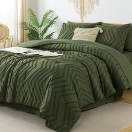 Litanika Oversized King Size Comforter Set with Sheets Olive Green - 7 Pieces Bed in a Bag Oversized King Boho Tufted Complete Beddding Sets with Comforter, Sheets, Pillowcases & Shams