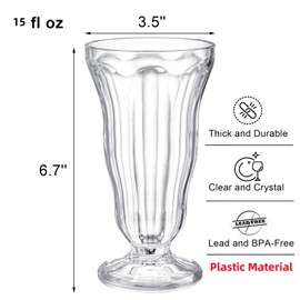 Mezchi 6 Pack Acrylic Milkshake Glasses, 15 OZ Plastic Old Fashioned Soda Glass, Shatterproof Footed Ice Cream Cups, Clear Pina Colada Fountain Glasses, Great for Juice, Tropical Drinks, Party