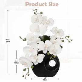 Briful Artificial Orchid Flowers in Black Modern Ceramic Vase 15.7" Tall White Faux Orchid Arrangement Silk Orchid Flower Fake Orchid Centerpiece for Home Office Room Wedding Table Décor