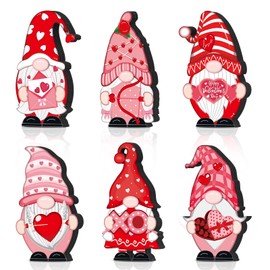 6 Pcs Valentine's Day Wooden Gnome Table Decor Pink Red Valentines Day Gnome Sign Wood Heart Decorations Craft Chunky Gnome Tabletop Centerpiece for Wedding Home Tiered Tray Decoration