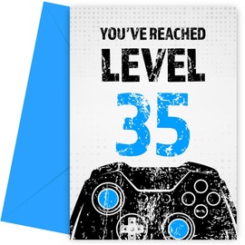 Gamer 35th Birthday Card for Men - Black & Blue Reached Level 35 Bday Cards for Son, Grandson, Nephew or Brother. Gaming Happy Birthday Card for 35 Year Old Male