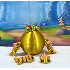 5pcs 3D Printed Axolotl with Egg, Articulated Multi Color Fidget Axolotl, Tiny Mini Animal Gift Idea, Birthday Party Decorations, MA001-Gold-GE