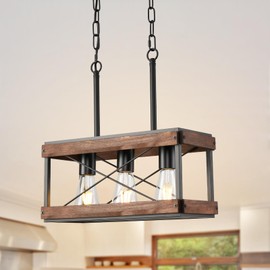 HOXIYA Farmhouse Kitchen Island Light, 3 Lights Pendant Lighting Fixture, Rustic Wood Chandelier, Adjustable Height Metal Linear Light for Dining Room Kitchen Bar Pool Table.