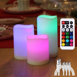 WRalwaysLX 3pack USB Type-C Rechargeable Color-Changing LED Pillar Candles with Remote Control, Dia2.5, H3 4" 5" for Bedroom, Living Room...