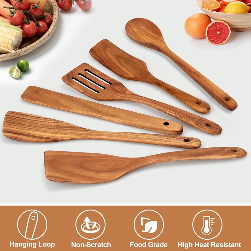 6 Pcs Best Flat Wood Spatula Set Teak Wooden Spoon