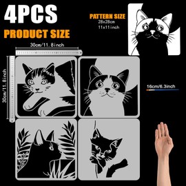 FINGERINSPIRE Pack of 4 Boho Stencils with Black Cat and Brush 30 x 30 cm Reusable Cute Cat Templates PET Painting Stencils with Peeping Cat Animal Motif Templates for Painting on Wood Fabric