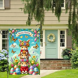 BlissYard Easter Garden Flag 12x18 Inch Double Sided Happy Easter Decorations Outdoor Garden Flag Stacked Bunnies with Flowers Eggs and Butterflies Seasonal Decors Spring Garden Flag