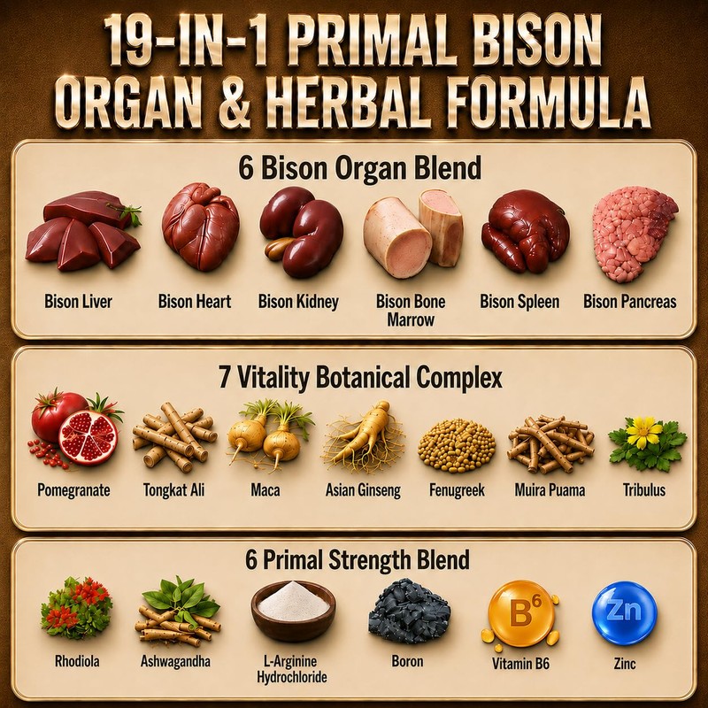 19-IN-1 Primal Bison Organs Supplement for Men, 100 Capsules, Grass‑Fed
