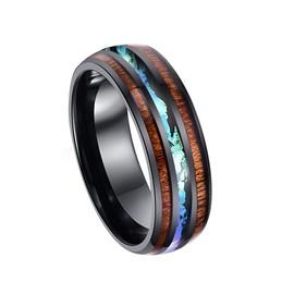 8mm Hawaiian Koa Wood and Abalone Shell Stainless Steel Rings Wedding Bands for Men Comfort Fit (Black, 9)