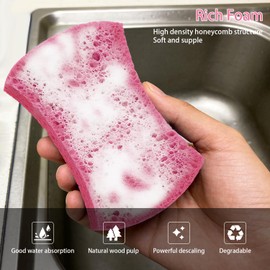 Spunspon 6 Pack Non-Scratch Cellulose Scrub Sponge, Cellulose Sponges, Heavy Duty Dishwashing Sponge for Kitchen,Clean Tough Messes Without Scratching,Pop Up Eco DIY (4" x 6" x 1"), Pink