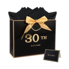 30th Birthday Gift Bag with Tissue Paper - 12.6 x 4.3 x 9.8 Inches Black 30th Gift Bag