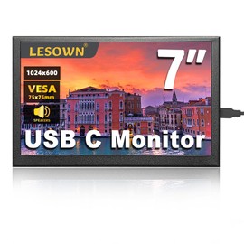 LESOWN 7 inch USB C Mini Wide LCD Monitor 1024x600 IPS VESA Small Sub Screen for Smart Phone Laptop PC with Speakers (P70D), black