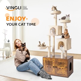 Bonnlo Large Cat Tree with Litter Box, All-in-1 Wooden Cat Tower, 70” Height Houses for Indoor Caats, Kittens Condo wih Scratching Posts, Hidden Cat Washroom Furniture