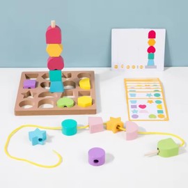 TräLek Juguete didáctico de Madera Tipo Montessori, Tablero clasificador de Formas geométricas, Tarjetas de Patrones, listón insertable. Juego 3 en 1