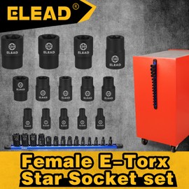 14-Piece Female E-Torx Star Socket Set with Magnetic Storage Rail, 1/4", 3/8", 1/2" Drive E4 - E24 External Impact Socket Set, Chrome Vanadium Steel, High Visibility Markings