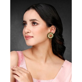 Aheli Red Green Kundan & Beads Studded Round Stud Earrings Ethnic Jewellery Gift for Women
