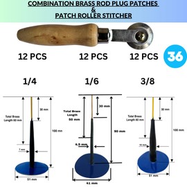 Tire Xperts 36 Pieces/Box Combination Heavy Duty 1/8 x 2 1/64, 1/4 x 2 1/64 & 3/8 x 2 1/64 100% Brass Rod Tubeless Tire Repair Patch Plug with Patch Roller 4.5MM,7MM,10MM
