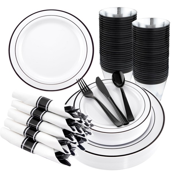 WELLIFE 350Pcs Black Plastic Dinnerware with Pre Rolled Napkins, Include:50