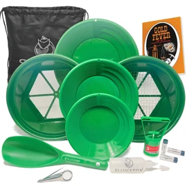 Gold panning kit for gold prospecting; 11 pc set + Bonus includes 3 gold pans; 2 gold classifiers; paydirt scoop small plastic gold shovel; snifter bottle; black sand gold magnet and Gold Fever book!