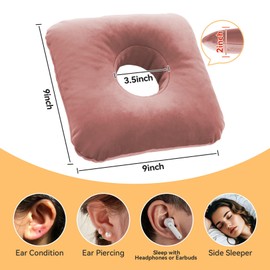 AmazeCov Ear Piercing Pillow for Side Sleepers with Ear Inflammation & Pressure, Soft Velvet Adjustable Ear Guard Pillow with Removable & Washable Cover (Pink, Pillow & Cover)