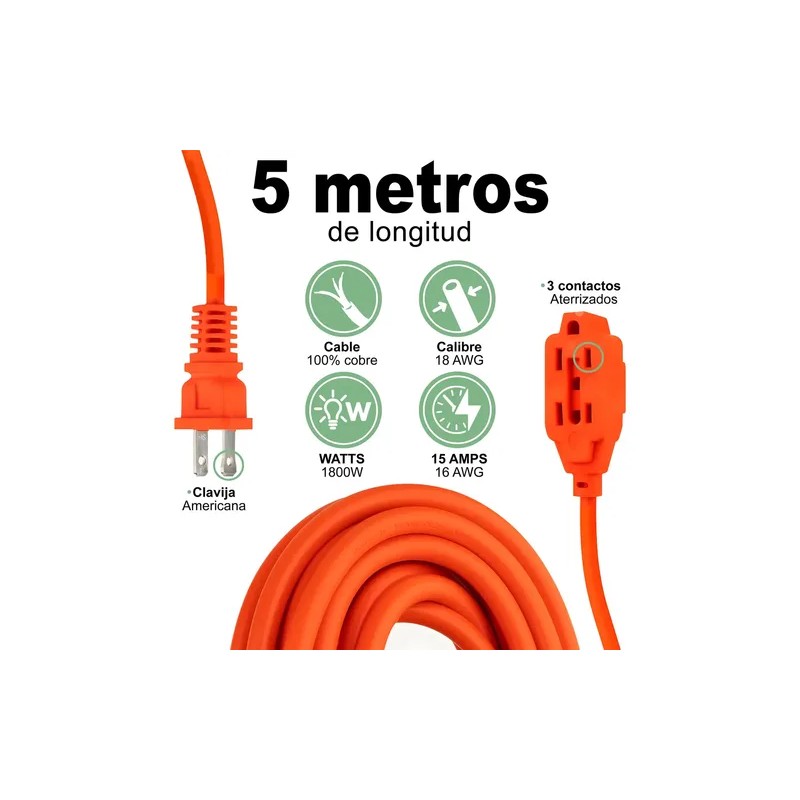 Multicontacto de 3 tomas Kitul extensión 5mcolor naranja largo del