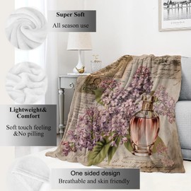 VODRM Vintage Perfume and Lilac Blanket Floral and Nostalgia Retro Throw Blankets,Birthday Gifts for Women,Lightweight Soft Fleece,Art Lovers,Sofa Couch Bed Room Modern Rustic Decor 50x60in