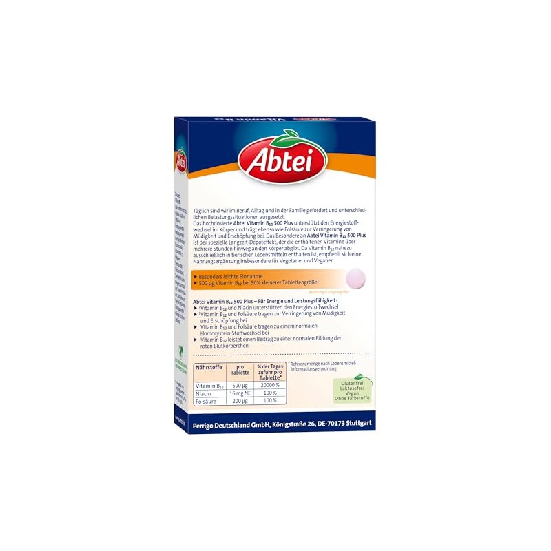Abtei Vitamin B12 Plus Folic Acid - for Energy and
