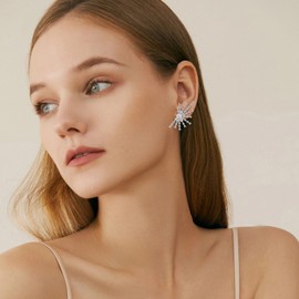 Sterling Silver Irregular Crystal Stud Earrings for Women Firework Cubic Zirconia Rhinestone Hypoallergenic Statement Earrings for Wife Mom Her (White)