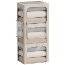 3 Openings Clothes Storage Bins Box - 3Pack Stackable Foldable Storage Bin - Metal Frame Storage Box Clothing Storage Organizer with Clear Window, Carry Handles (36L-15.7x11.8x11.8in, Beige)