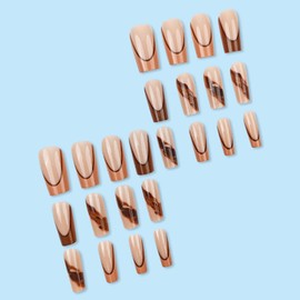 Hkanlre Long Square Fake Nails Tips French Press on Nails Full Cover False Marble Nails for Women 24PCS